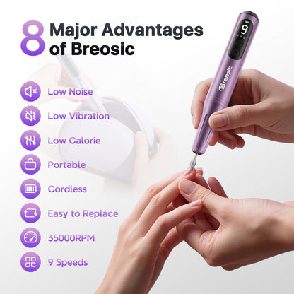 Breosic Electric Nail Drill 35000RPM,12-in-1 Nail File Portable USB-Rechargeable Cordless Nail Drill Professional with 9-Speed & LED Display Manicure Pedicure Nail Kits for Acrylic & Gel Nails(Purple) - Available at All In One Marketplace Canada