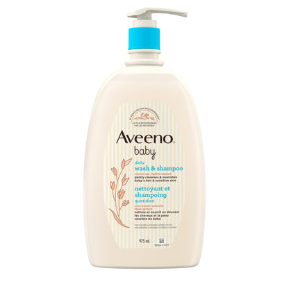 Aveeno Baby Wash and Shampoo - Gentle 2-in-1 Body Wash with Natural Oat Extract for Sensitive Skin - Tear-Free, Hypoallergenic Cleanser, Free from Parabens, Sulfates & Dyes - 975ml
