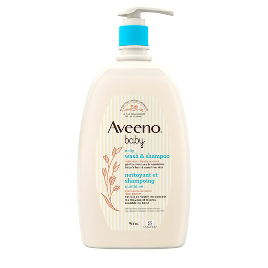 Aveeno Baby Wash and Shampoo - Gentle 2-in-1 Body Wash with Natural Oat Extract for Sensitive Skin - Tear-Free, Hypoallergenic Cleanser, Free from Parabens, Sulfates & Dyes - 975ml