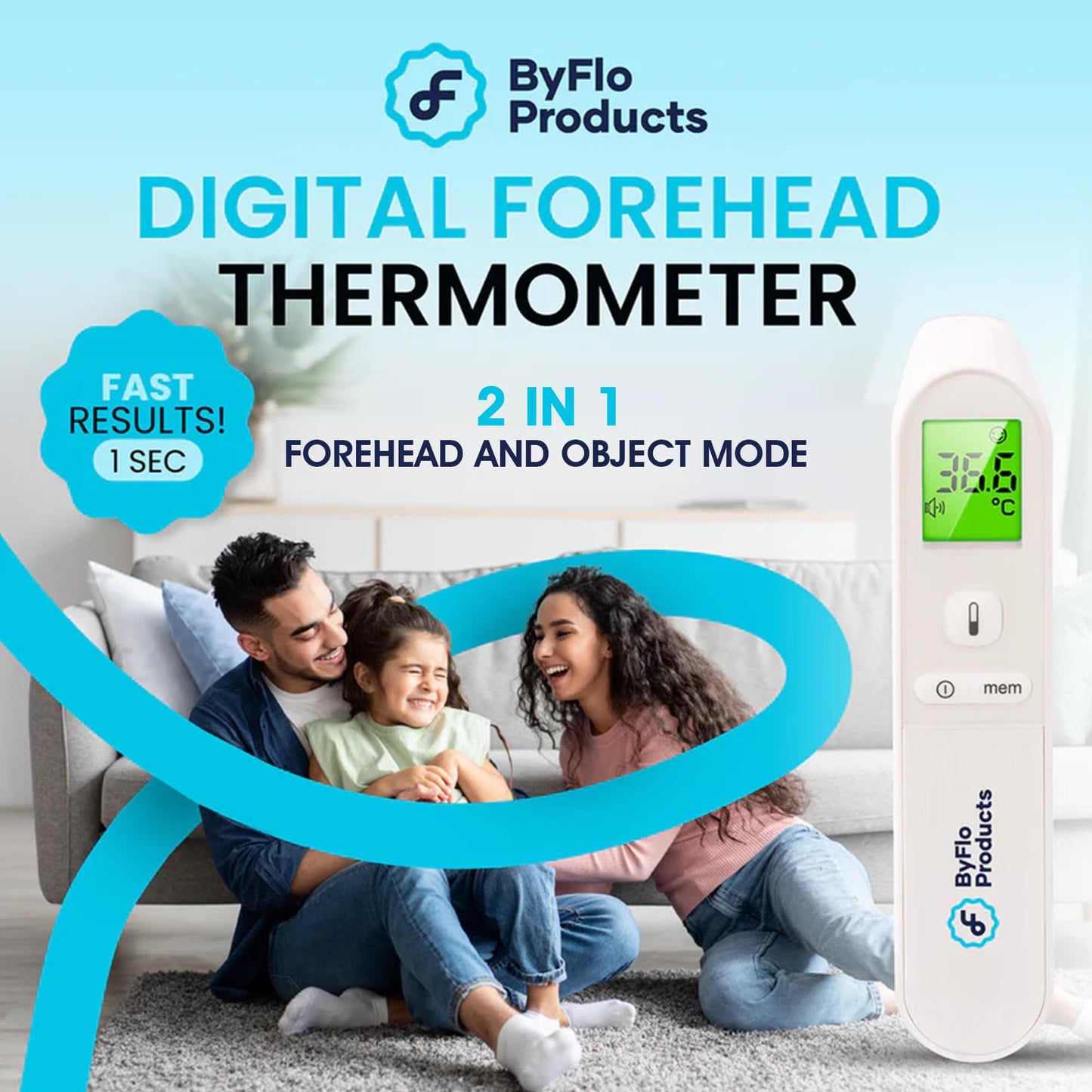 ByFloProducts, Thermometer Adult and Baby, Forehead Digital Thermometer, Infrared Thermometer, Memory and Fever Alarm, Easy to Use, 1 Second Reading Temperature