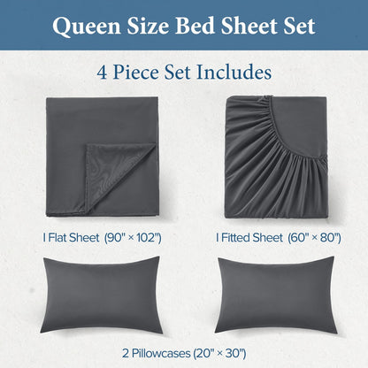 JOLLYVOGUE Queen Size Bed Sheet Set - 4 Piece Bed Sheets Set with Deep Pocket - Soft Breathable & Cooling - Resists Shrinkage & Fading Draps Queen - Easy Care (Dark Grey)