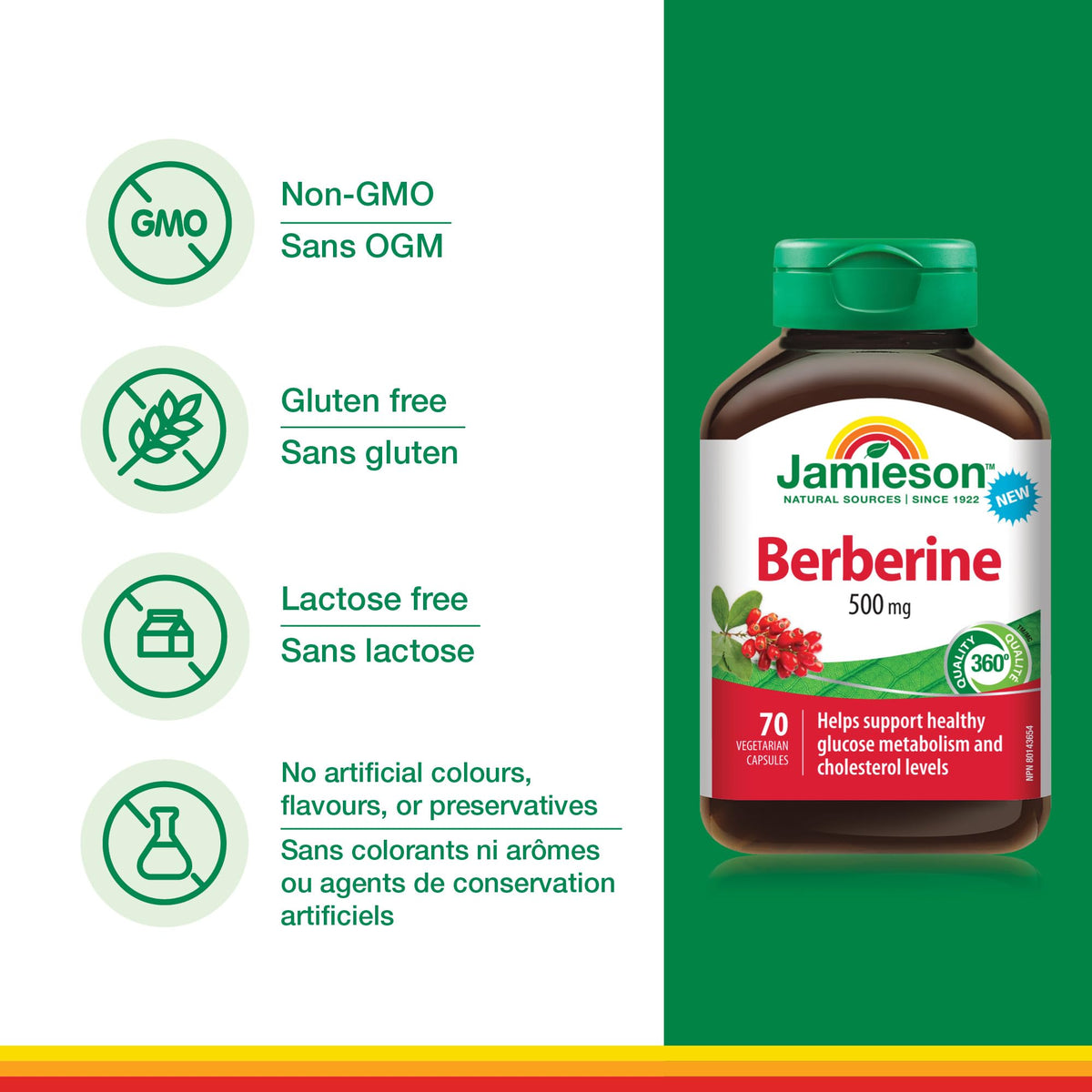 Jamieson Berberine, 500mg, Cholesterol Support, Healthy Glucose Metabolism, Non-GMO, Vegetarian, No Sugar, No Gluten, No Lactose, No Artificial Colours, Flavours, or Preservatives, 70 Capsules.