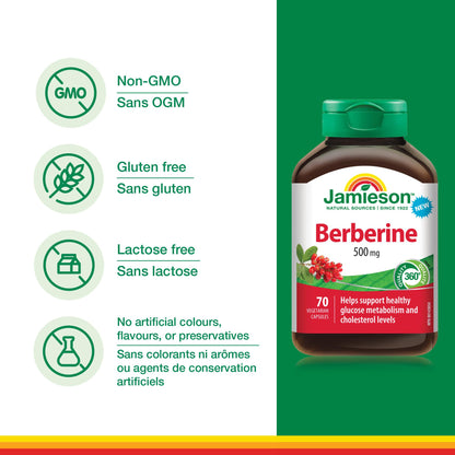 Jamieson Berberine, 500mg, Cholesterol Support, Healthy Glucose Metabolism, Non-GMO, Vegetarian, No Sugar, No Gluten, No Lactose, No Artificial Colours, Flavours, or Preservatives, 70 Capsules.
