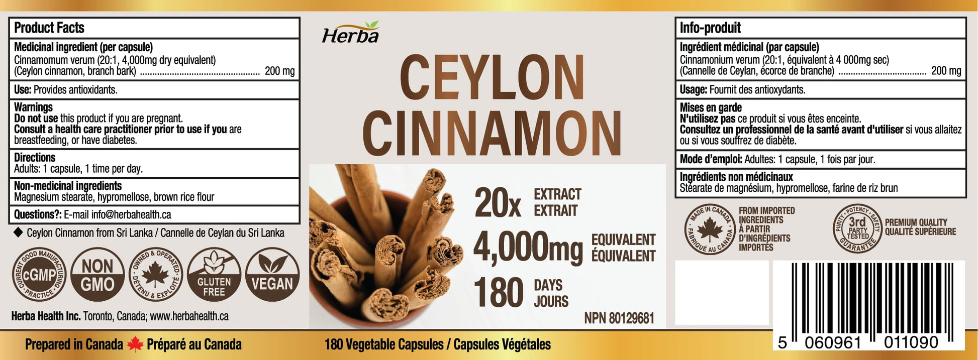 Herba Ceylon Cinnamon Capsules 4000mg - 180 Vegetable Capsules | Powerful 20:1 Extract from Sri Lanka | Equivalent to 4,000mg Dry Ceylon Cinnamon Powder | Made in Canada - Available at All In One Marketplace Canada