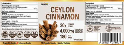 Herba Ceylon Cinnamon Capsules 4000mg - 180 Vegetable Capsules | Powerful 20:1 Extract from Sri Lanka | Equivalent to 4,000mg Dry Ceylon Cinnamon Powder | Made in Canada - Available at All In One Marketplace Canada