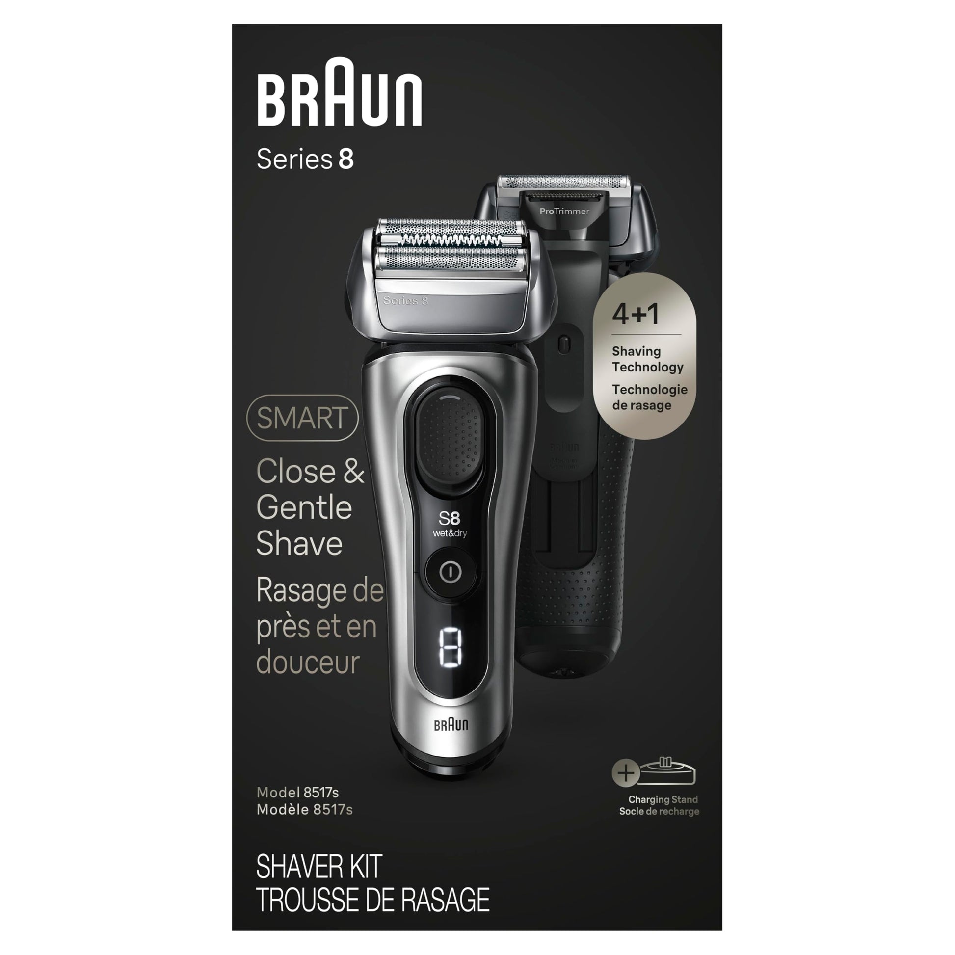 Braun Series 8 Electric Shaver for Men with Precision Long Hair Trimmer, Wet and Dry Electric Razor with Charging Stand and Travel Case, 8517s Galvano Silver - Available at All In One Marketplace Canada