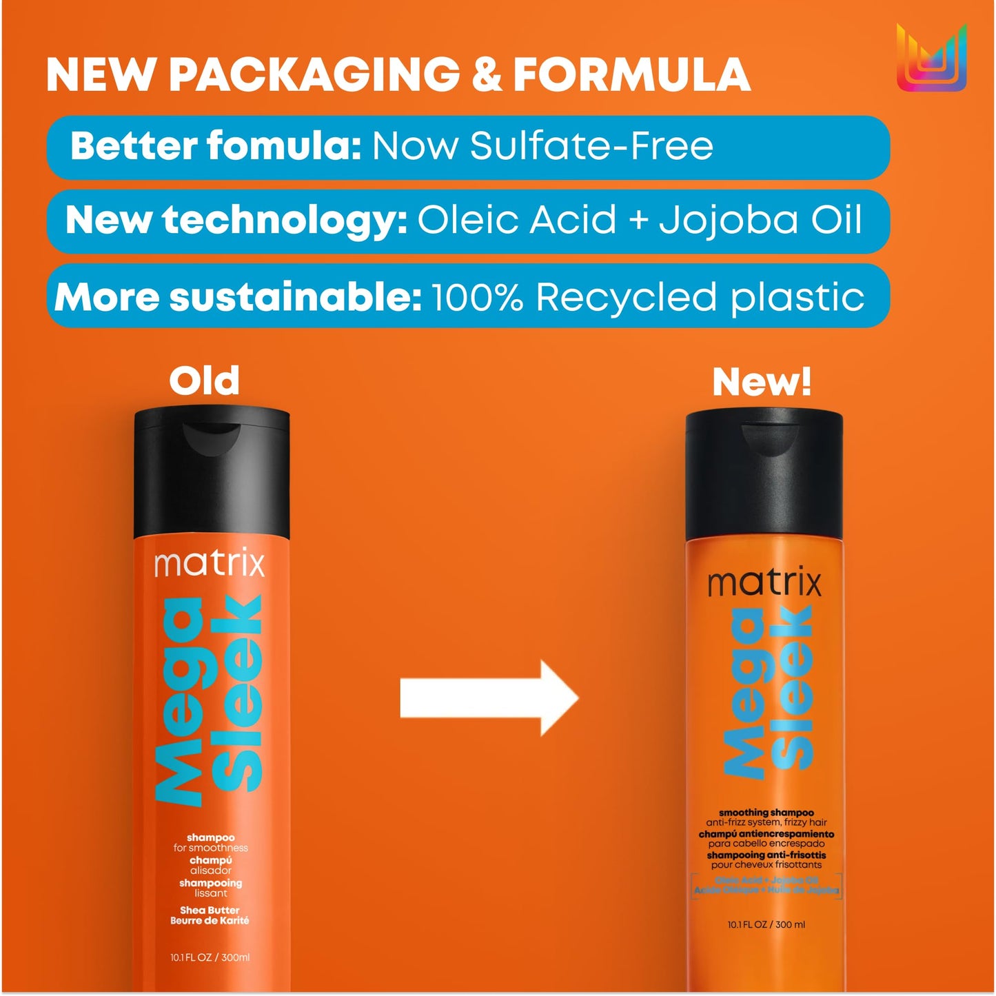 Matrix Mega Sleek Anti-Frizz Sulfate-Free Smoothing Shampoo for All Frizzy Hair, Professional Formula, For Humidity & Static Protection Matrix