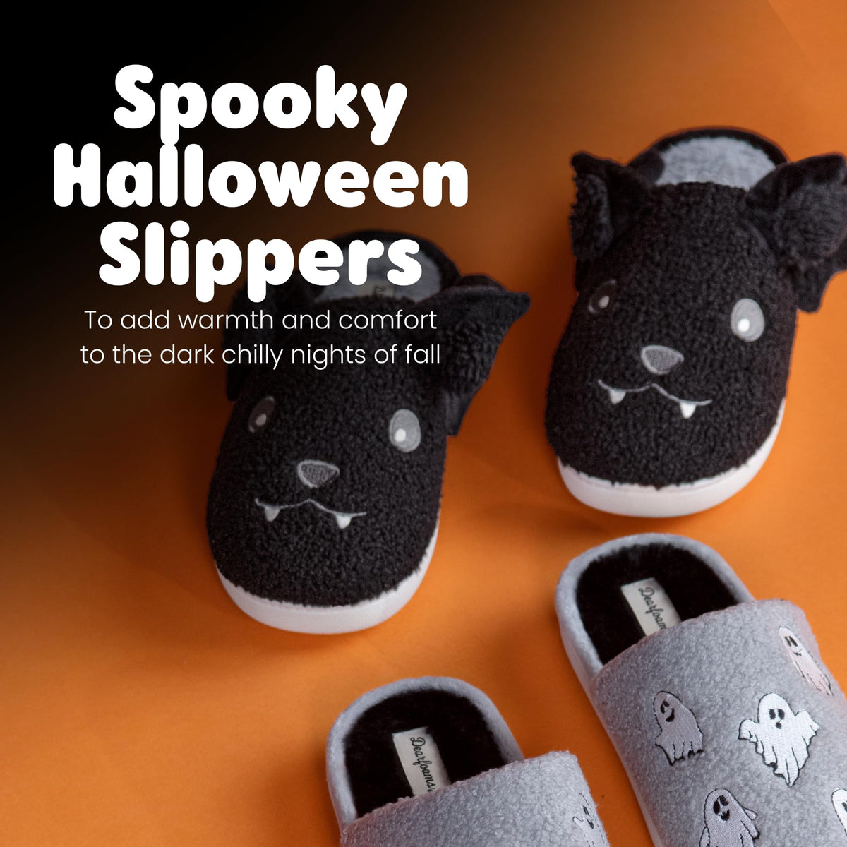 Dearfoams Unisex-Adult Spooky Fuzzy Halloween Pumpkin Jack O Lantern Slipper, Black Bat, 11-12 Women/9-10 Men