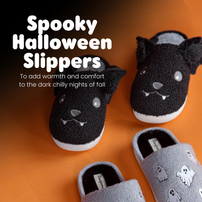 Dearfoams Unisex-Adult Spooky Fuzzy Halloween Pumpkin Jack O Lantern Slipper, Black Bat, 11-12 Women/9-10 Men