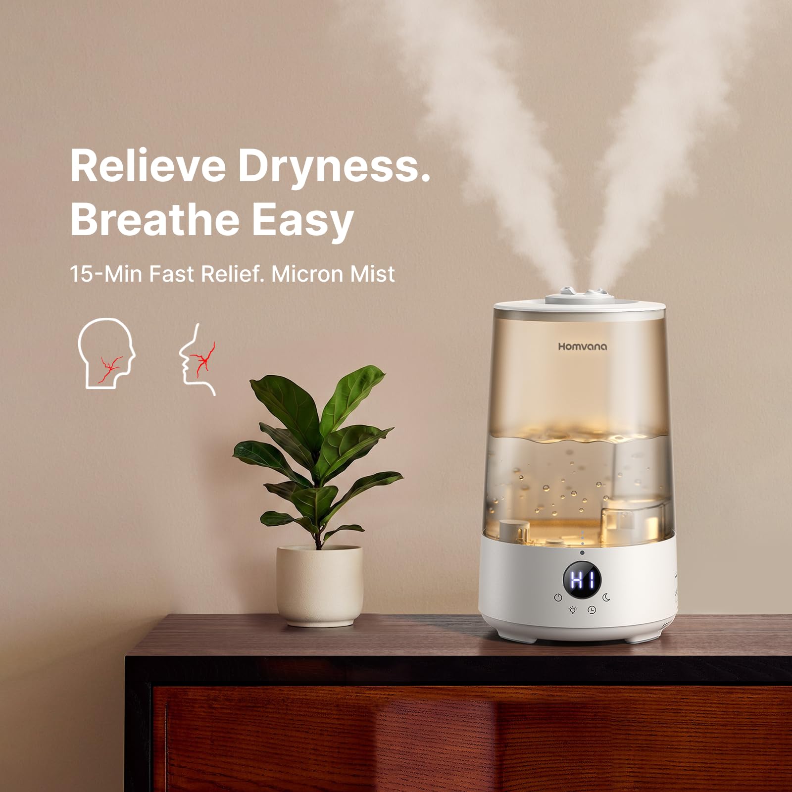 Homvana Humidifiers for Bedroom Home, 3.6 L Cool Mist Top-Fill 34H Super Long Time, Quiet 16dB, Baby Humidifier, Oil Diffuser Large, Plants, Nursery, Office BPA FREE, 7 Color Light (Grey)