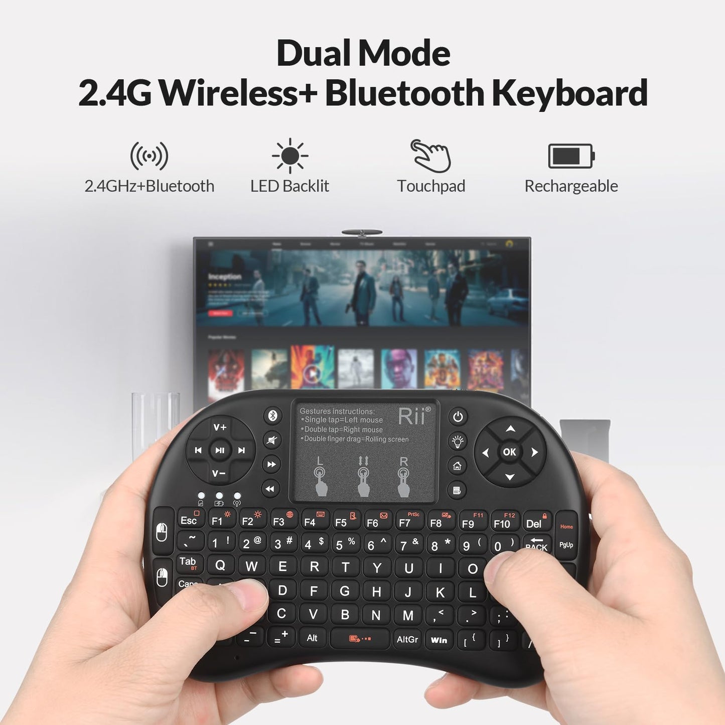 Rii i8+ Mini Wireless Keyboard,Bluetooth Keyboard with Touchpad,Handheld Remote,LED Backlit Compatible with Android TV Box, Android Smart TV,HTPC,Raspberry Pi, Win 7 8 10,Mac OS