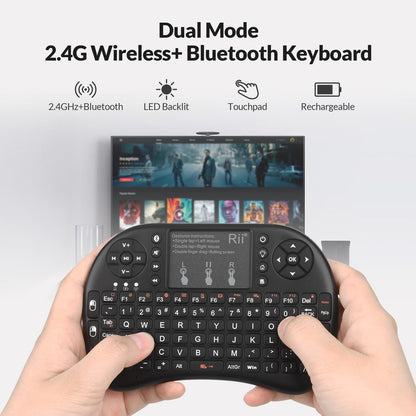 Rii i8+ Mini Wireless Keyboard,Bluetooth Keyboard with Touchpad,Handheld Remote,LED Backlit Compatible with Android TV Box, Android Smart TV,HTPC,Raspberry Pi, Win 7 8 10,Mac OS