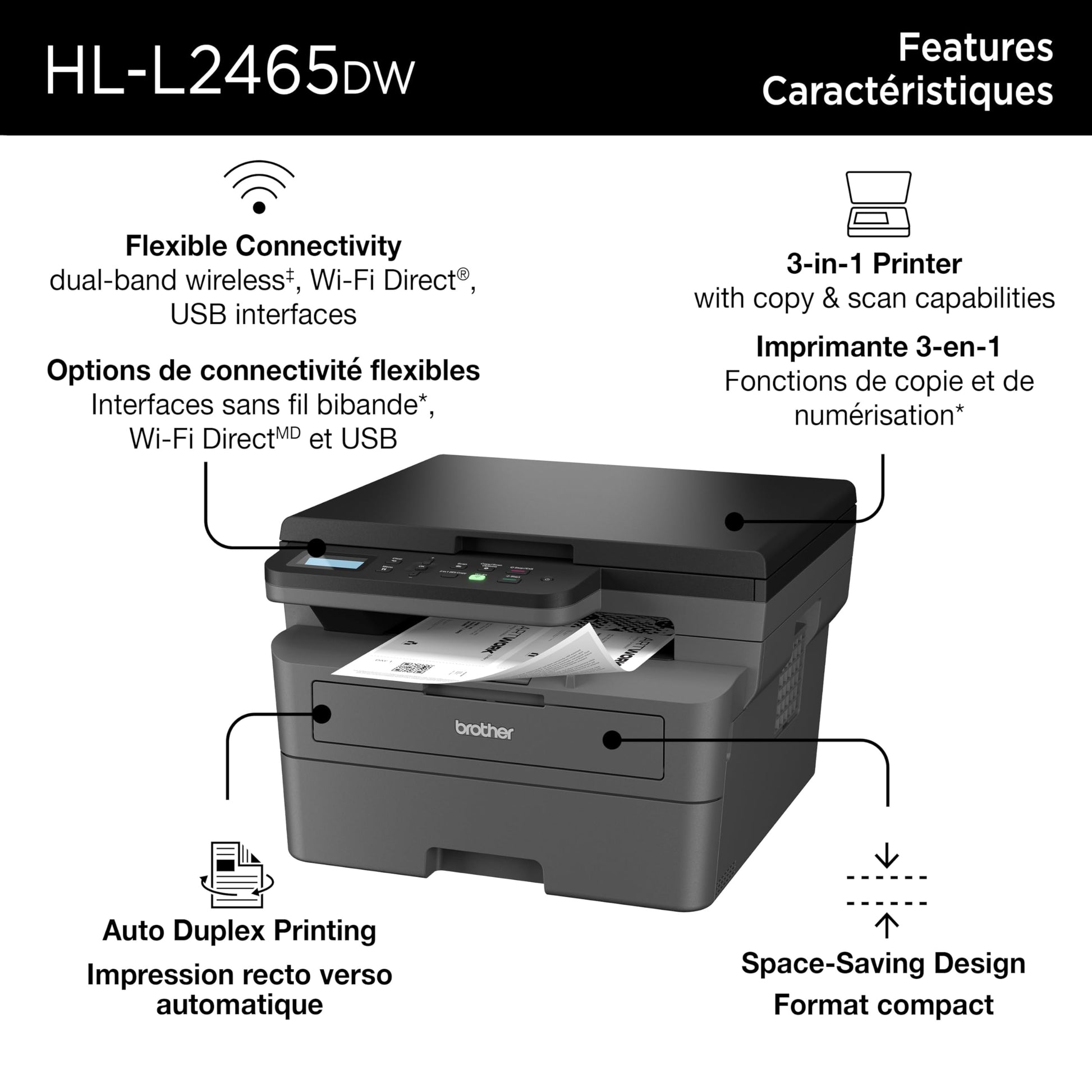 Brother HL-L2465DW Monochrome Laser Printer with Wireless Connectivity All-in-One Print, Copy and Scan Functions for Home and Office Use - Compact Design Brother