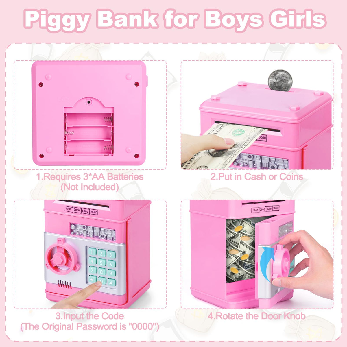 Refasy Piggy Banks for Girls 3-12 Years Old, Kids Safe Bank for Christmas Birthday Easter Gifts Toy for Girls Electronic ATM Money Bank for Adults Money Saving Box Safe Coin Bank Girl Toys (Pink) 🍁 All In One Marketplace Canada
