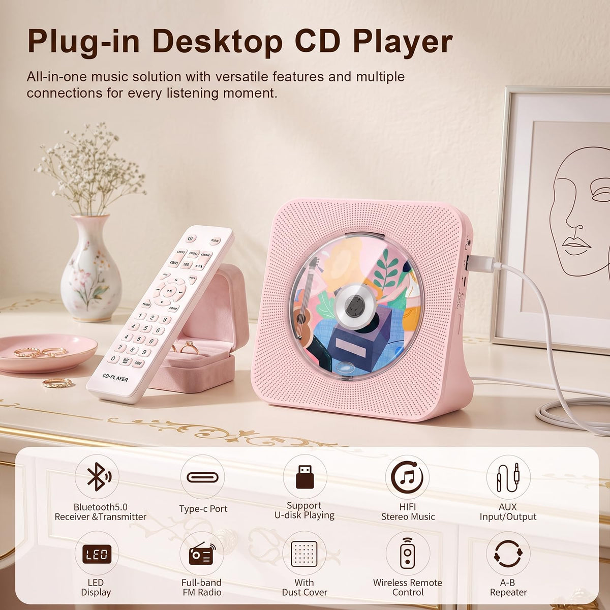 Gueray Portable CD Player with Bluetooth, Desktop CD Music Players for Home with Speakers and Remote Control, Support AUX&USB FM Radio Cool Men's Music Lovers Christmas Birthday Gifts,Cool Room Decor 🍁 All In One Marketplace Canada