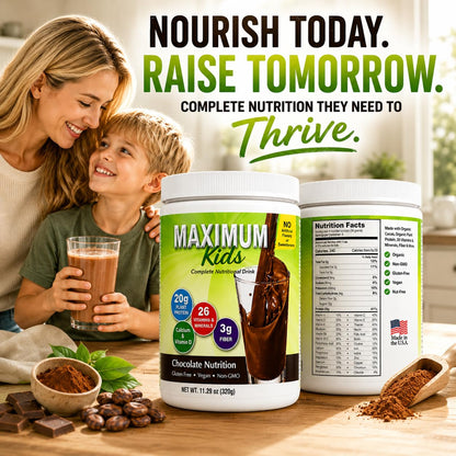 Maximum Kids Complete ORGANIC Powder Mix - Great TASTING, EASY to use, complete nutritional drink with 26 vitamins & Minerals, 20g of Plant Protein, 3g of Fiber. Kid TESTED! Parents APPROVED! - Available at All In One Marketplace Canada