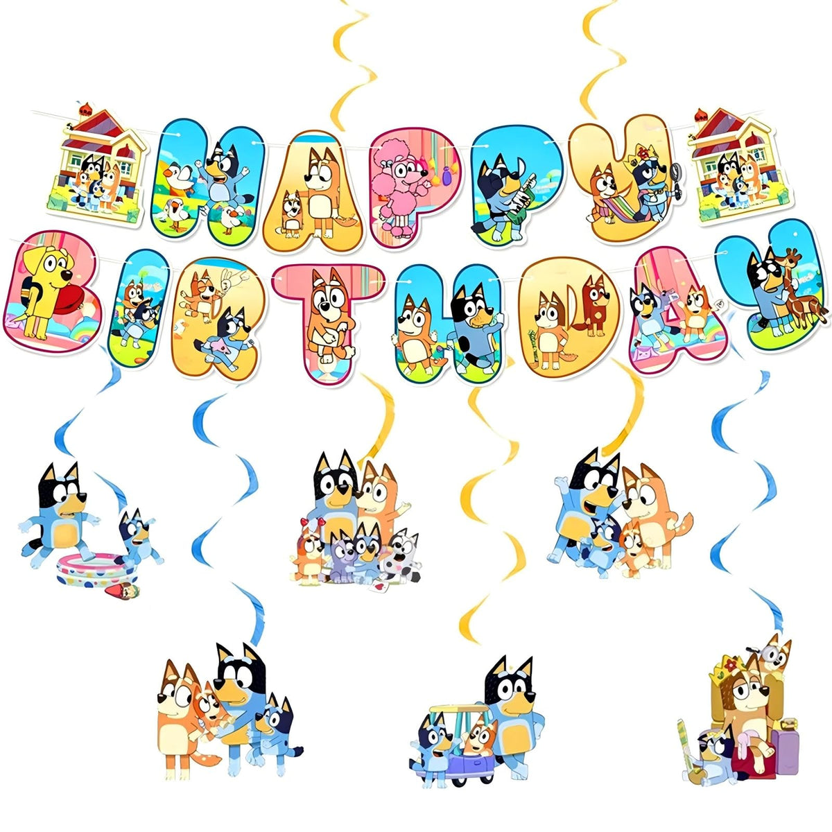 For Bluey Party Supplies, 50 PCS Birthday Decorations Set Include Banner, Balloons,, Hanging Swirls, Cake Cupcake Toppers, Tablecloth for Boys Girls Hunters Theme Party 🍁 All In One Marketplace Canada