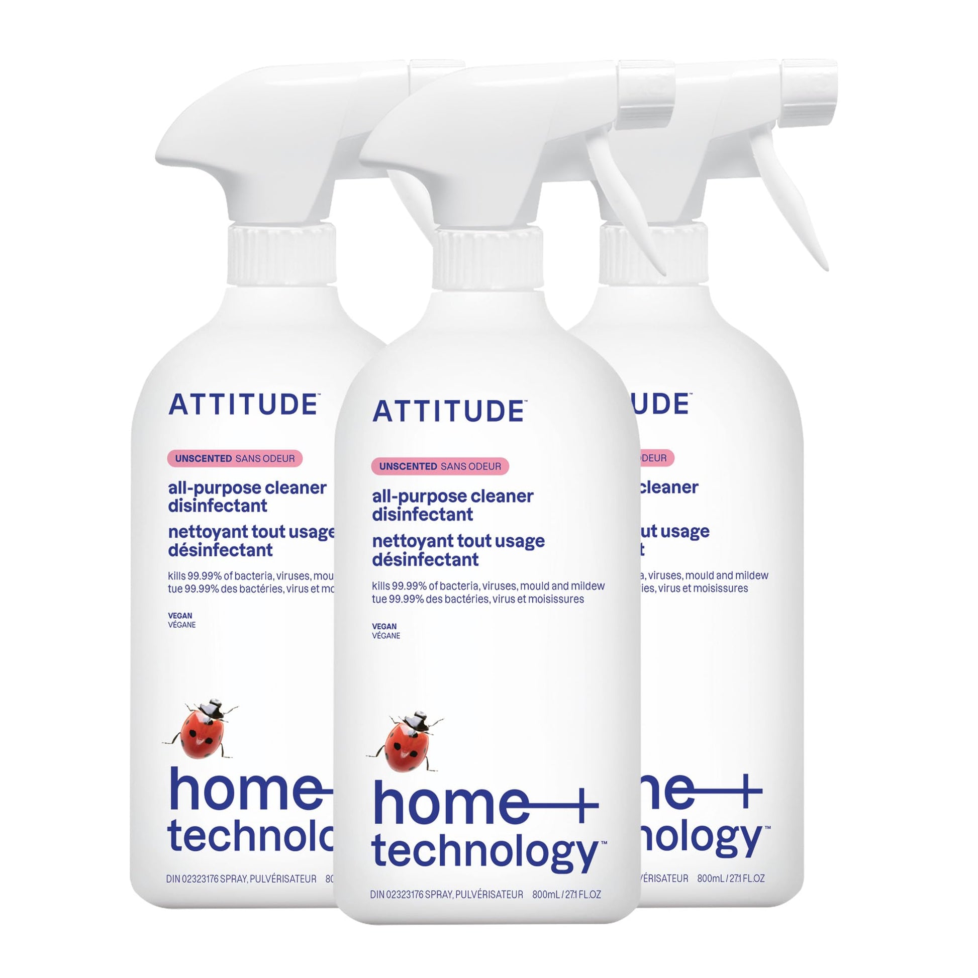 ATTITUDE Disinfectant Spray, All Purpose Cleaner with 99.99% Germ & Virus Elimination, Vegan & Plant-Based, Multi-Surface, Made in Canada, Unscented, 800 mL (Pack of 3) - Available at All In One Marketplace Canada