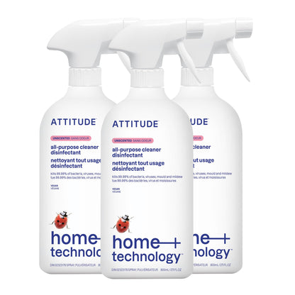 ATTITUDE Disinfectant Spray, All Purpose Cleaner with 99.99% Germ & Virus Elimination, Vegan & Plant-Based, Multi-Surface, Made in Canada, Unscented, 800 mL (Pack of 3) - Available at All In One Marketplace Canada
