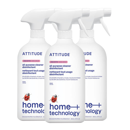 ATTITUDE Disinfectant Spray, All Purpose Cleaner with 99.99% Germ & Virus Elimination, Vegan & Plant-Based, Multi-Surface, Made in Canada, Unscented, 800 mL (Pack of 3) - Available at All In One Marketplace Canada