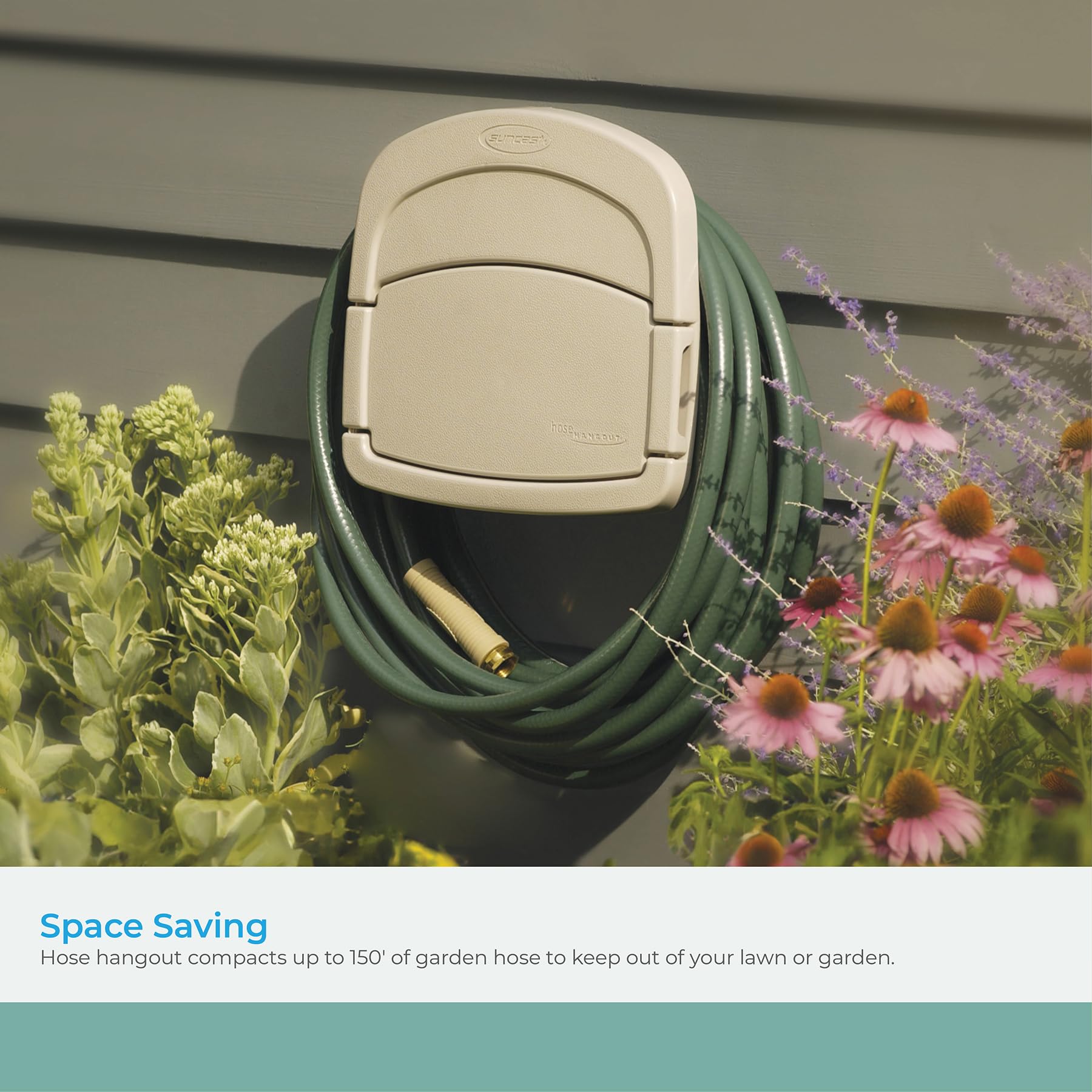 Suncast DHH150 Deluxe Garden Hose Hangout with 150-Foot Hose Capacity and Enclosed Storage Compartment, Taupe Suncast
