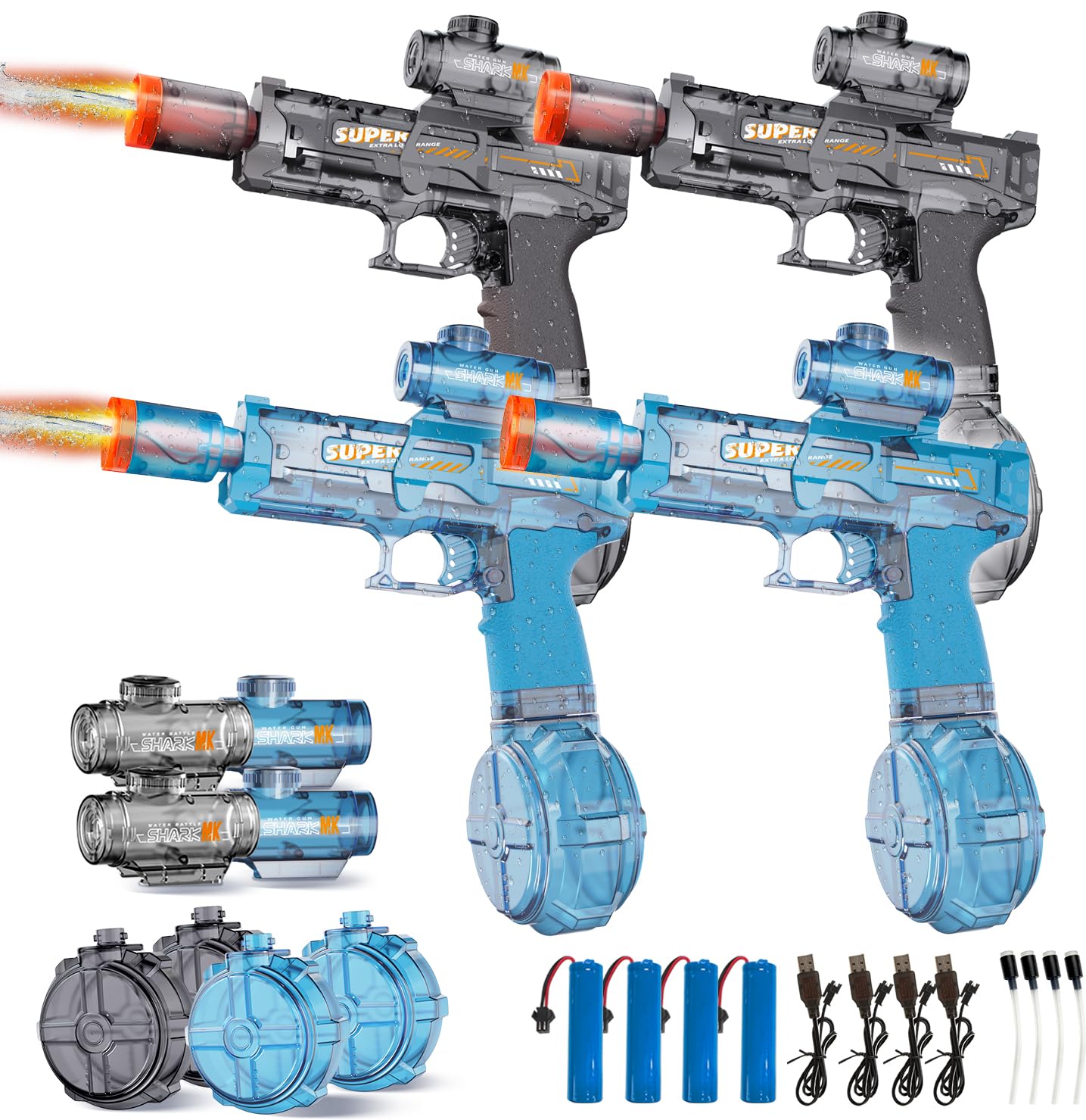 4PCS Electric Water Gun for Kids Adults,Mini Auto Squirt Gun with Flashing Muzzle,26FT Range,Leak-Proof Rechargeable Water Blaster for Summer Pool Beach Water Fights (Black+Blue)
