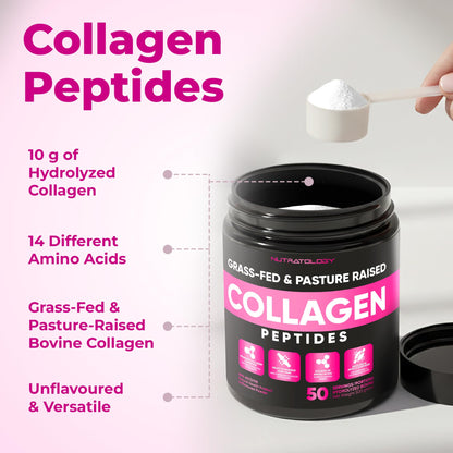 Nutratology® Collagen Powder | Grass-Fed & Canadian-Made | Dissolves Easily | 50 Servings | Supports Healthy Hair, Skin, Nails, & Joints | Hydrolyzed Collagen Peptides Type 1 & 3 | Unflavoured | 500G - Available at All In One Marketplace Canada