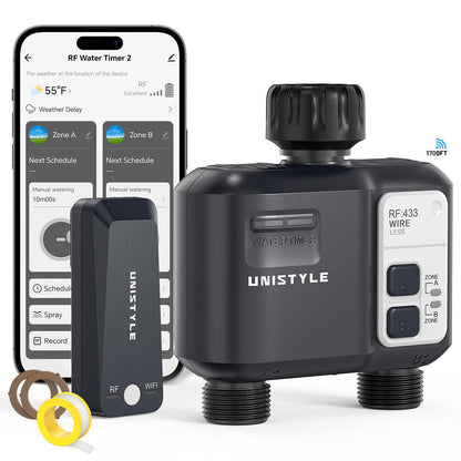 [All-New 2027] 1700FT WiFi Sprinkler Timer 2 Zone, Unistyle Smart Hose Timers Compatible Alexa & Google Voice and App Control, Water Timer for Garden Hose with Auto & Manual Modes for Garden Lawn - Available at All In One Marketplace Canada