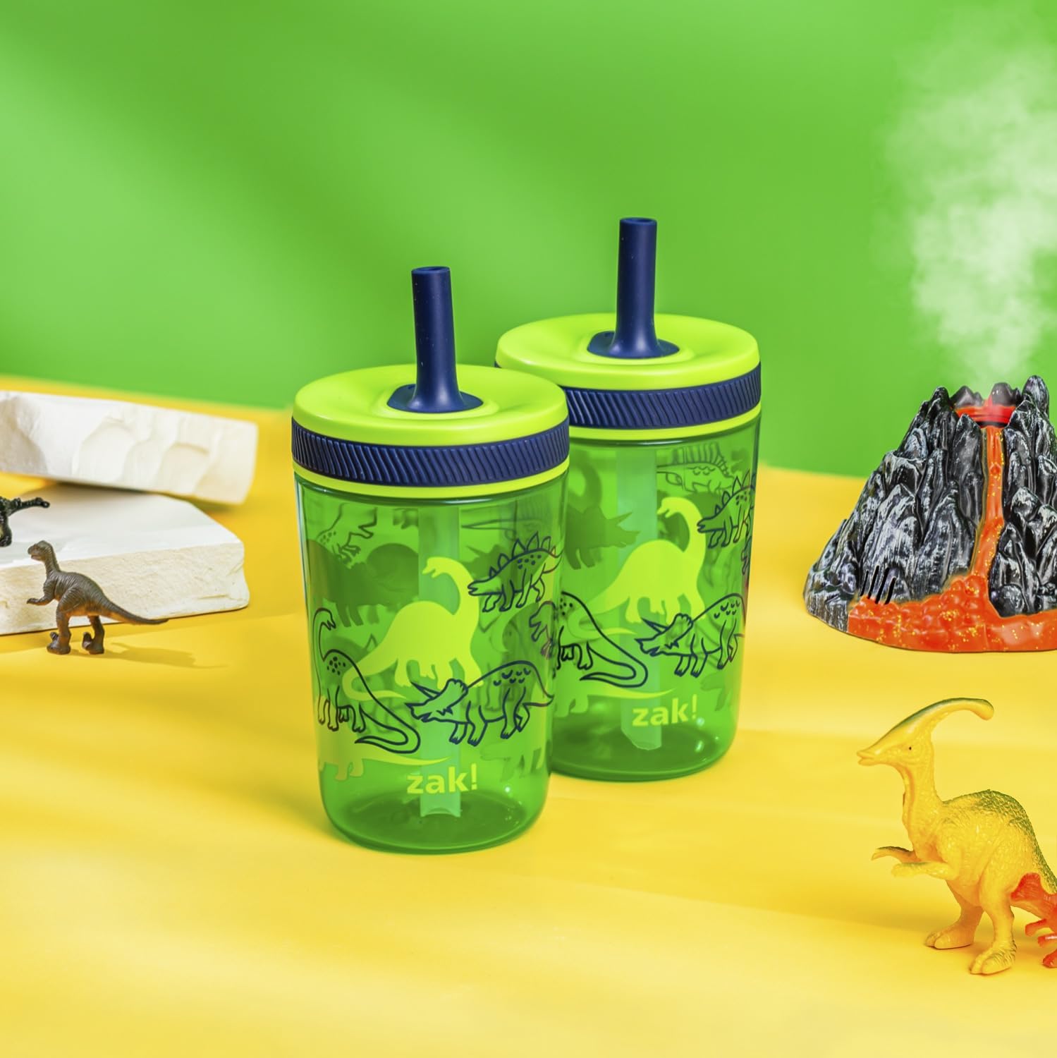Zak Designs Kelso 15 oz Tumbler Set, (Dino Camo) Non-BPA Leak-Proof Screw-On Lid with Straw Made of Durable Plastic and Silicone, Perfect Toddler Cup Bundle for Kids (2pc Set)