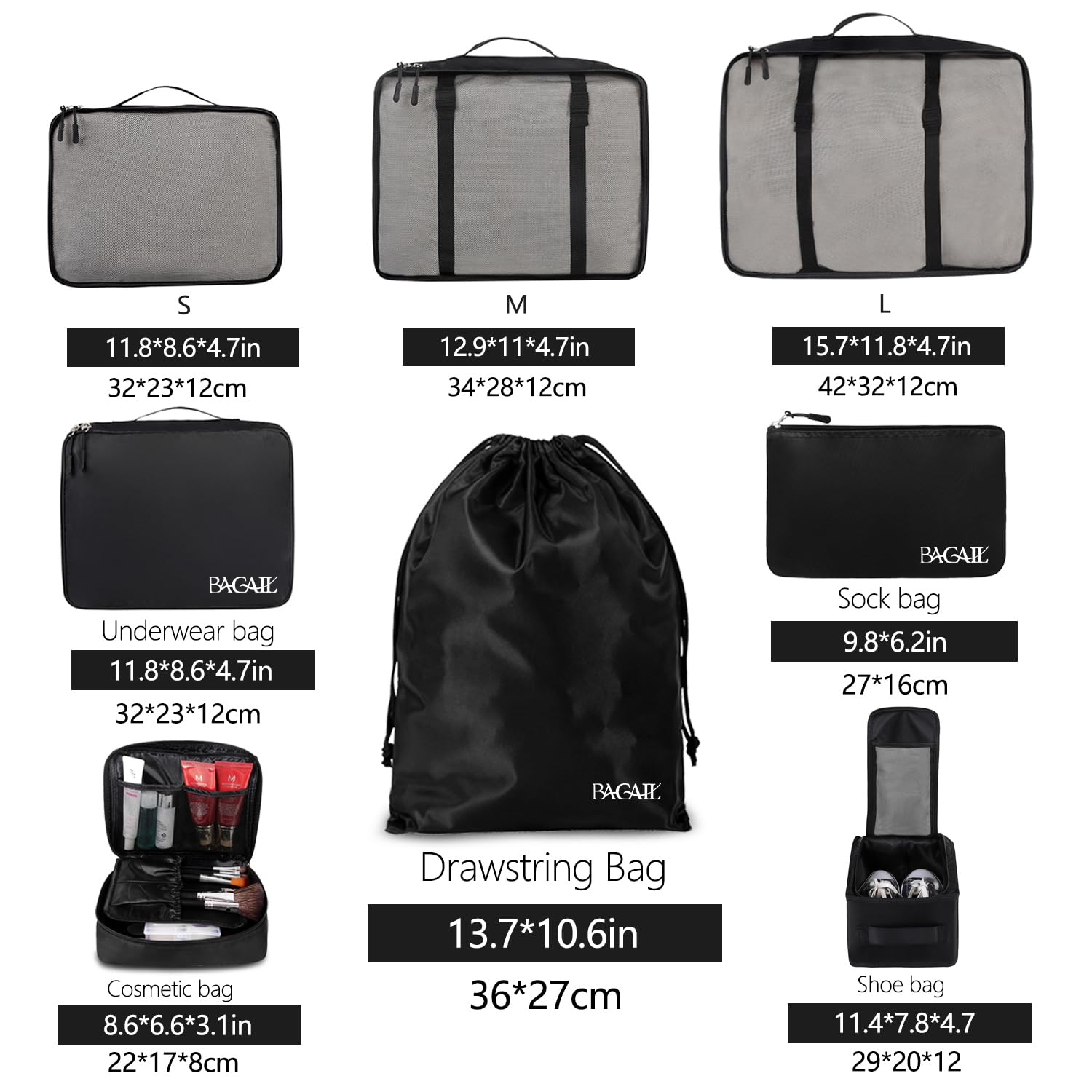 BAGAIL 8 Set Packing Cubes, Lightweight Travel Luggage Organizers with Shoe Bag, Toiletry Bag & Laundry Bag (Jet Black)