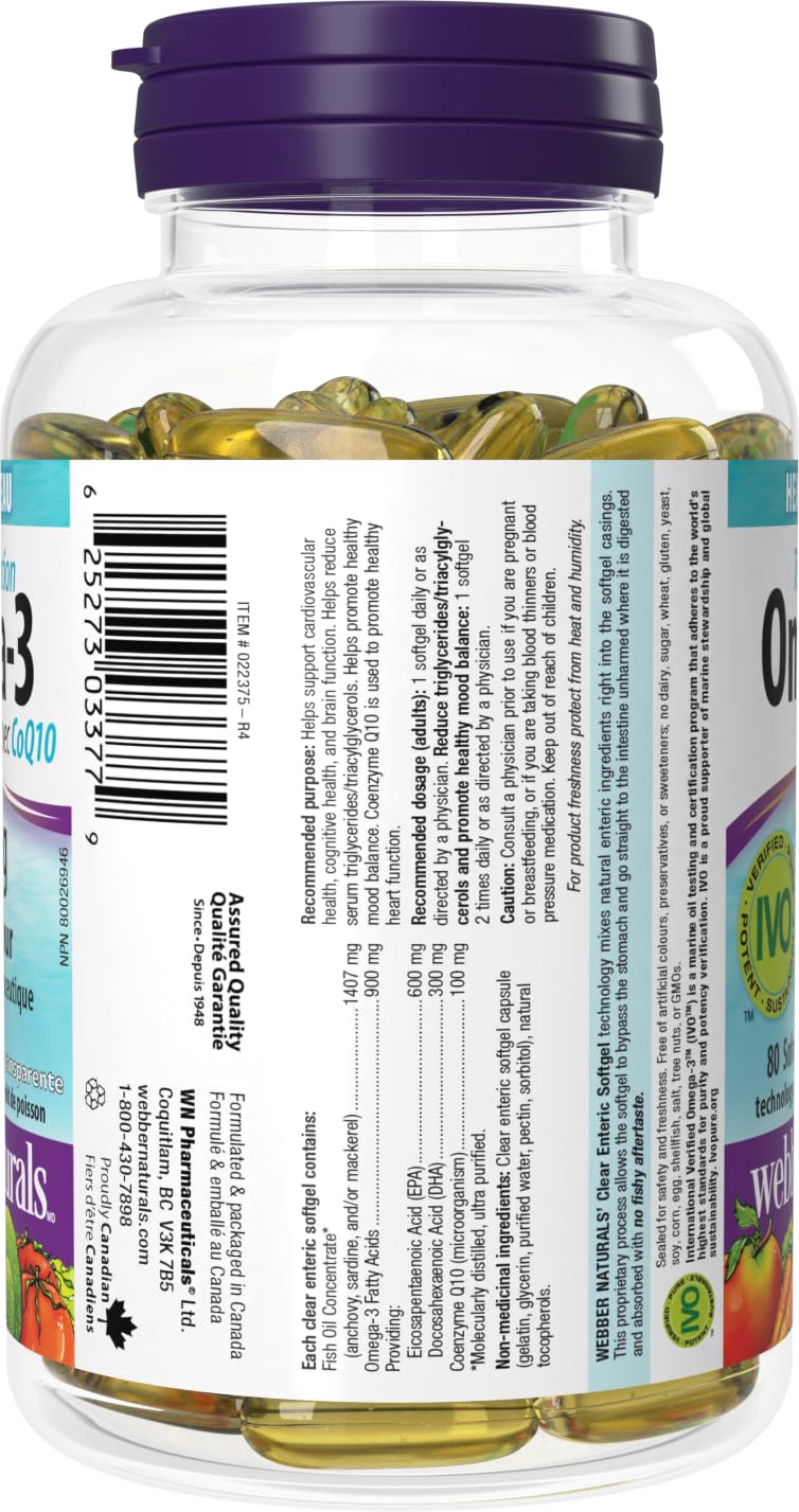 Webber Naturals Omega-3 with CoQ10, 80 Clear Enteric No Fishy Aftertaste Softgels, Supports Cardiovascular Health and Brain Function - Available at All In One Marketplace Canada