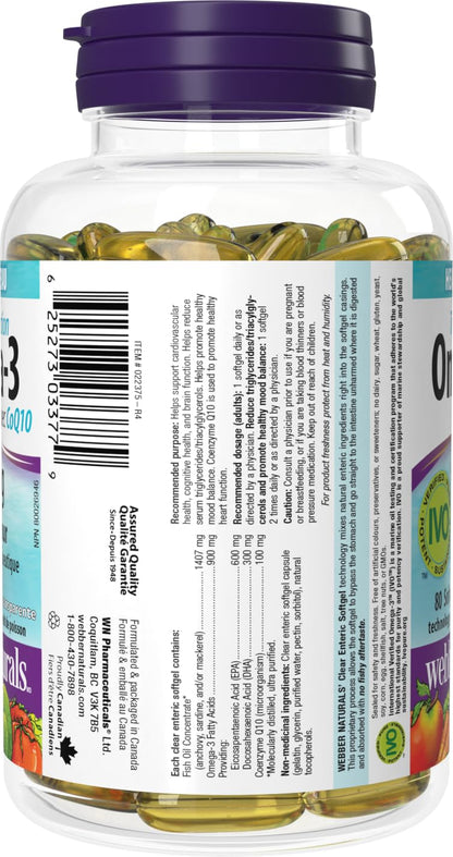 Webber Naturals Omega-3 with CoQ10, 80 Clear Enteric No Fishy Aftertaste Softgels, Supports Cardiovascular Health and Brain Function - Available at All In One Marketplace Canada