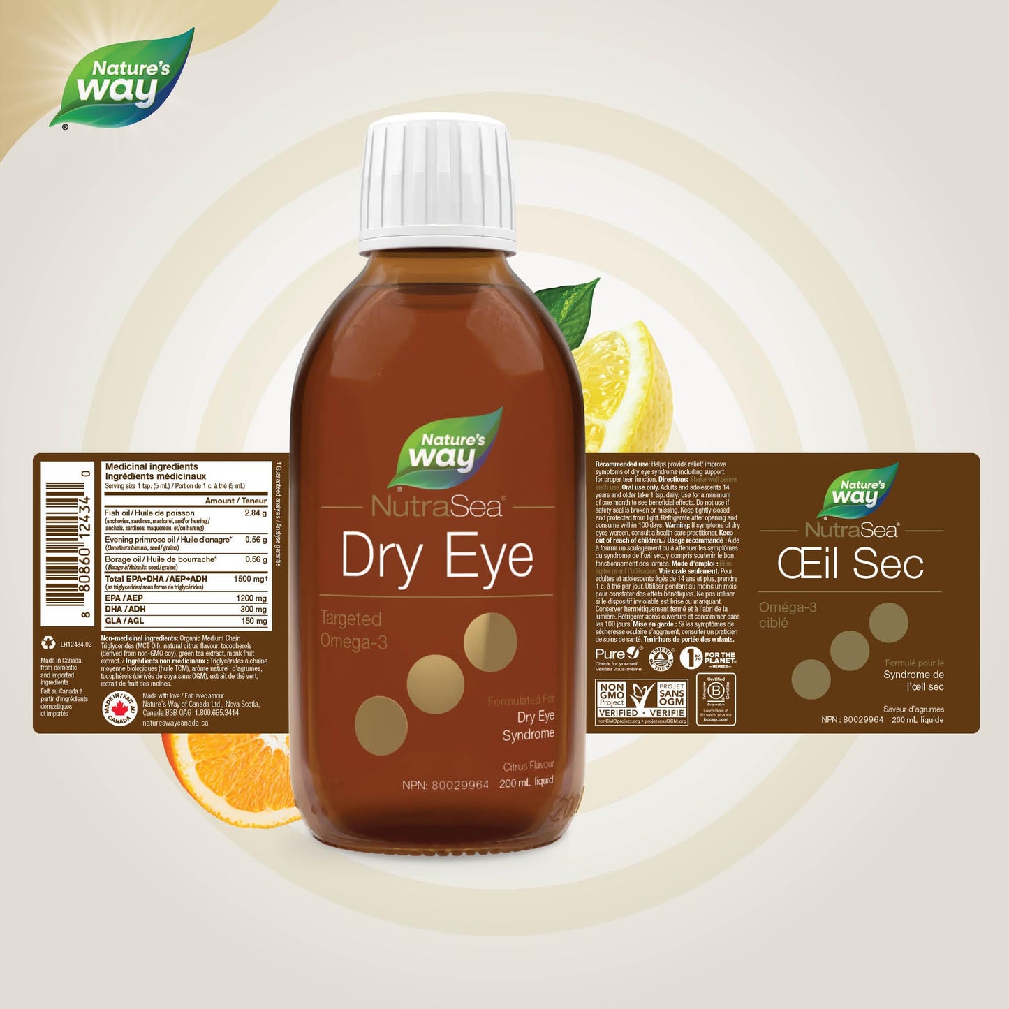 NutraSea Dry Eye Advanced Omega-3 Supplement - Support for Proper Tear Function - Citrus Flavour – 1500mg of EPA+ DHA & 150mg GLA Blend - 200 ml Liquid 🍁 All In One Marketplace Canada