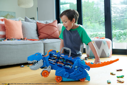 Hot Wheels City Toy Car Track Set, Ultimate T-Rex Transporter, Hauler Transforms into Stomping Dino with Race Track, from Netflix Series “Let’s Race” Hot Wheels