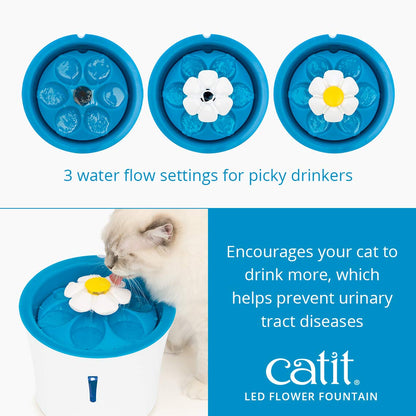 Catit LED Flower, Cat Water Fountain with Triple Action Filter, Blue 3L, Modern Cat Fountain, Fontaine Pour Chat, Pet Water Fountains, Perfect for Indoor Cats Catit
