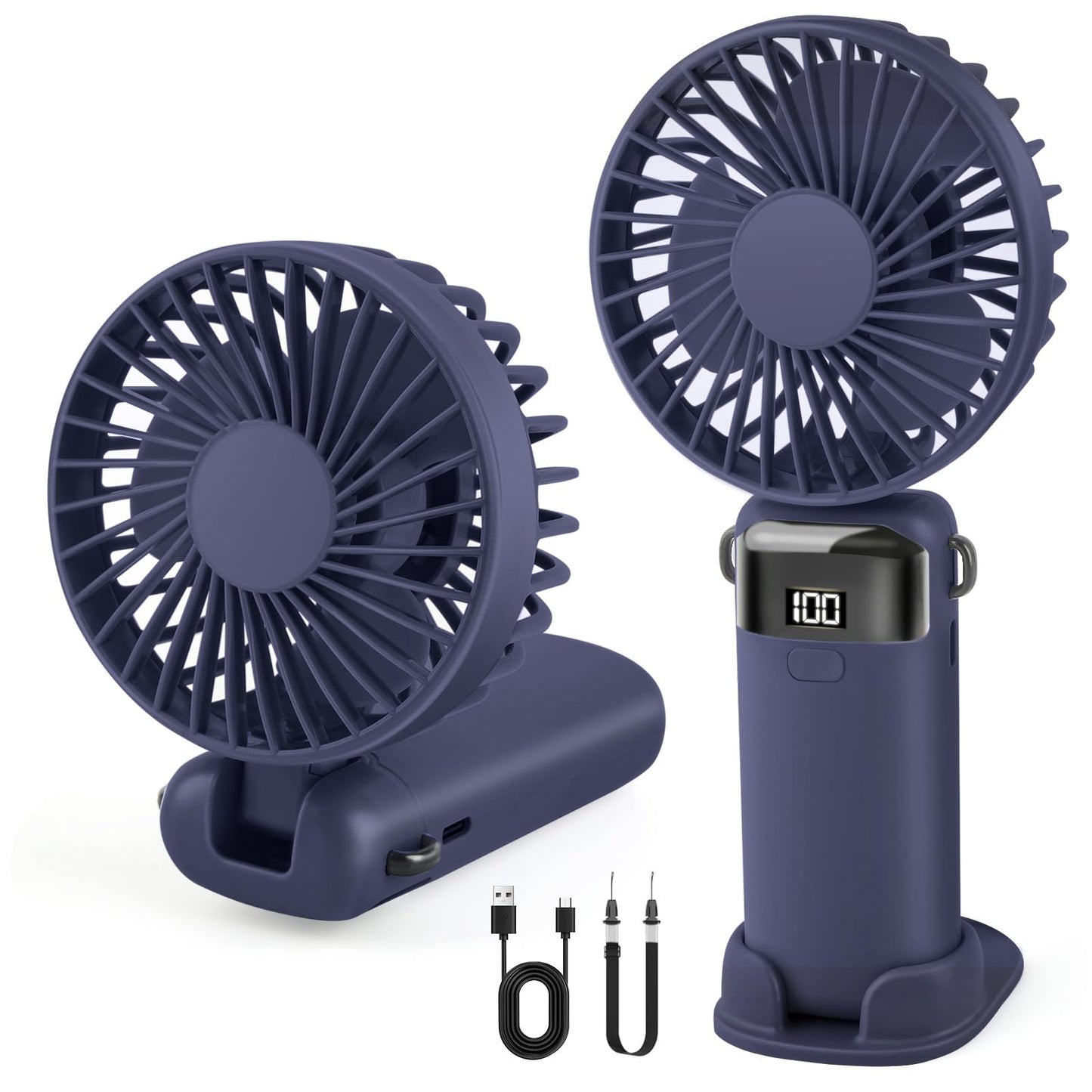 Portable Handheld Fan Rechargeable Small Fan 5 Speeds with Lanyard and Base USB Desk Fan Foldable Quiet Personal Fan with LED Display for Office, Home, Travel, Outdoor - Available at All In One Marketplace Canada