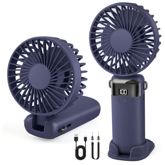 Portable Handheld Fan Rechargeable Small Fan 5 Speeds with Lanyard and Base USB Desk Fan Foldable Quiet Personal Fan with LED Display for Office, Home, Travel, Outdoor - Available at All In One Marketplace Canada