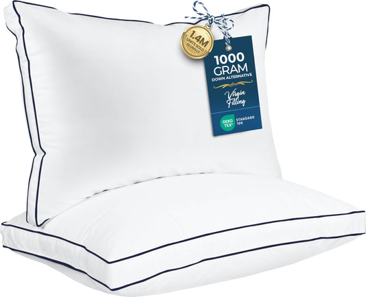 Utopia Bedding Bed Pillows for Sleeping Queen Size (Navy Hem), Set of 2, Cooling Hotel Quality, Gusseted Pillow for Back, Stomach or Side Sleepers
