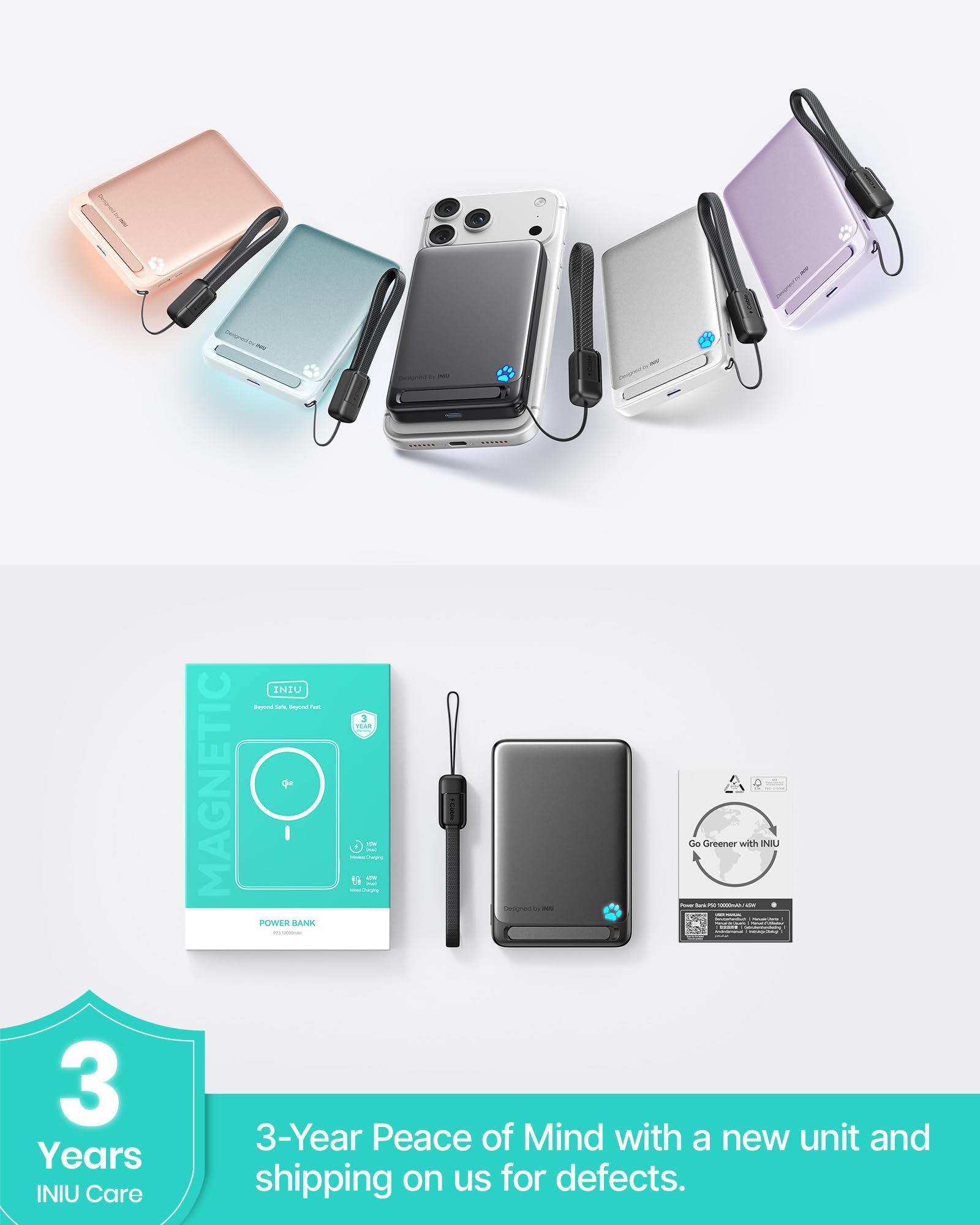 INIU for MagSafe Slimmest Power Bank, Original Qi2 Certified Wireless Fast Charging, 10000mAh 45W Portable Charger with USB C Cable & Stand, Flight Safe Magnetic Battery Pack for iPhone 17-12 Series - Available at All In One Marketplace Canada