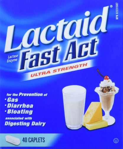 Lactaid Fast Acting Caplets - Lactose Enzyme Break Down - Gas, Bloating or Diarrhea - Milk & Dairy - 40 Caplets Per Package Lactaid