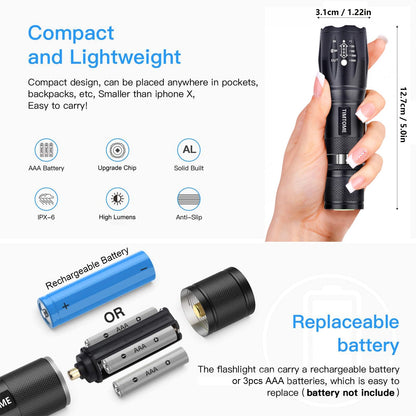 LED Flashlight, Ultra Bright XML T6 Handheld Flashlights - High Lumen, Zoomable, 5 Modes, Water-Resistant - Perfect for Camping Biking Home Emergency or Gift-Giving（2 Pack）