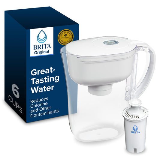 Brita 6 Cup Filter Pitcher withSmart Light Indicator, Reduces Chlorine taste and odour from Tap Water, Filters 151 Litres, Metro, White - Available at All In One Marketplace Canada