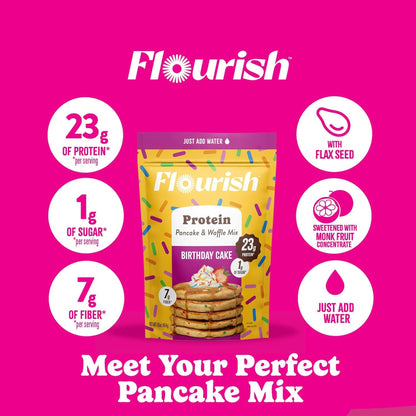 Flourish Protein Pancake & Waffle Mix with Whey Protein, No Added Sugar, High in Fiber, Just Add Water - Birthday Cake Flavour, 430 g Each (2 Pack) - Made in Canada (Two Pack, Birthday Cake) 🍁 All In One Marketplace Canada