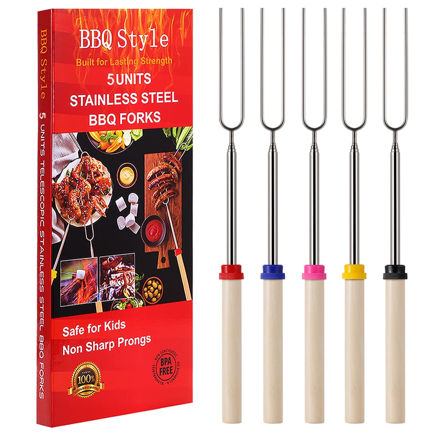 Marshmallow Roasting Sticks, Telescoping Smores Sticks for Open Fire Pit, 32 Inch Long Marshmallow Toasting Barbecue Forks Smores Skewers for Campfire Camping Hotdog Hot Dog Bonfire Grill, 5 Pack