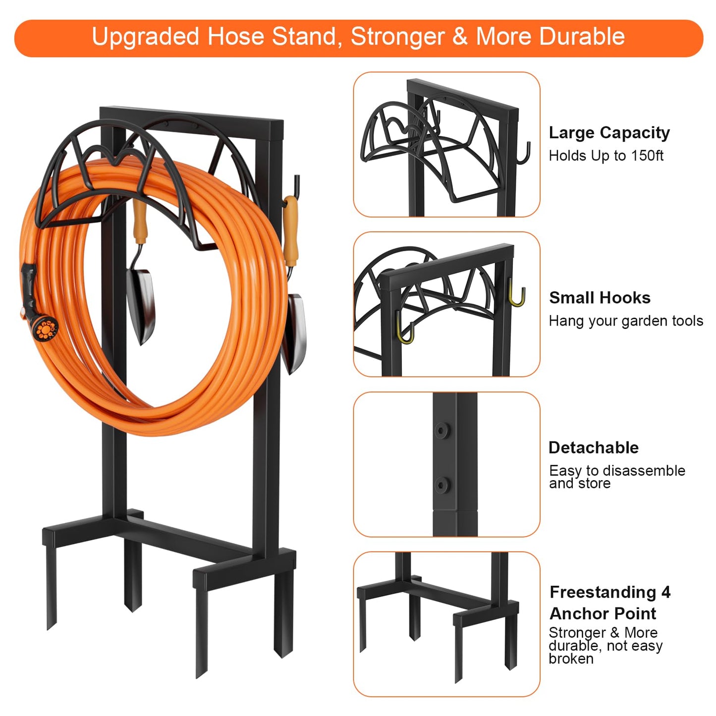 Garden Hose Holder, Freestanding Heavy Duty Water Hose Holder for Outside, Upgraded Metal Hose Stand with 150-Foot Capacity, Detachable Garden Hose Storage Hose Reel Rack, Black - Available at All In One Marketplace Canada