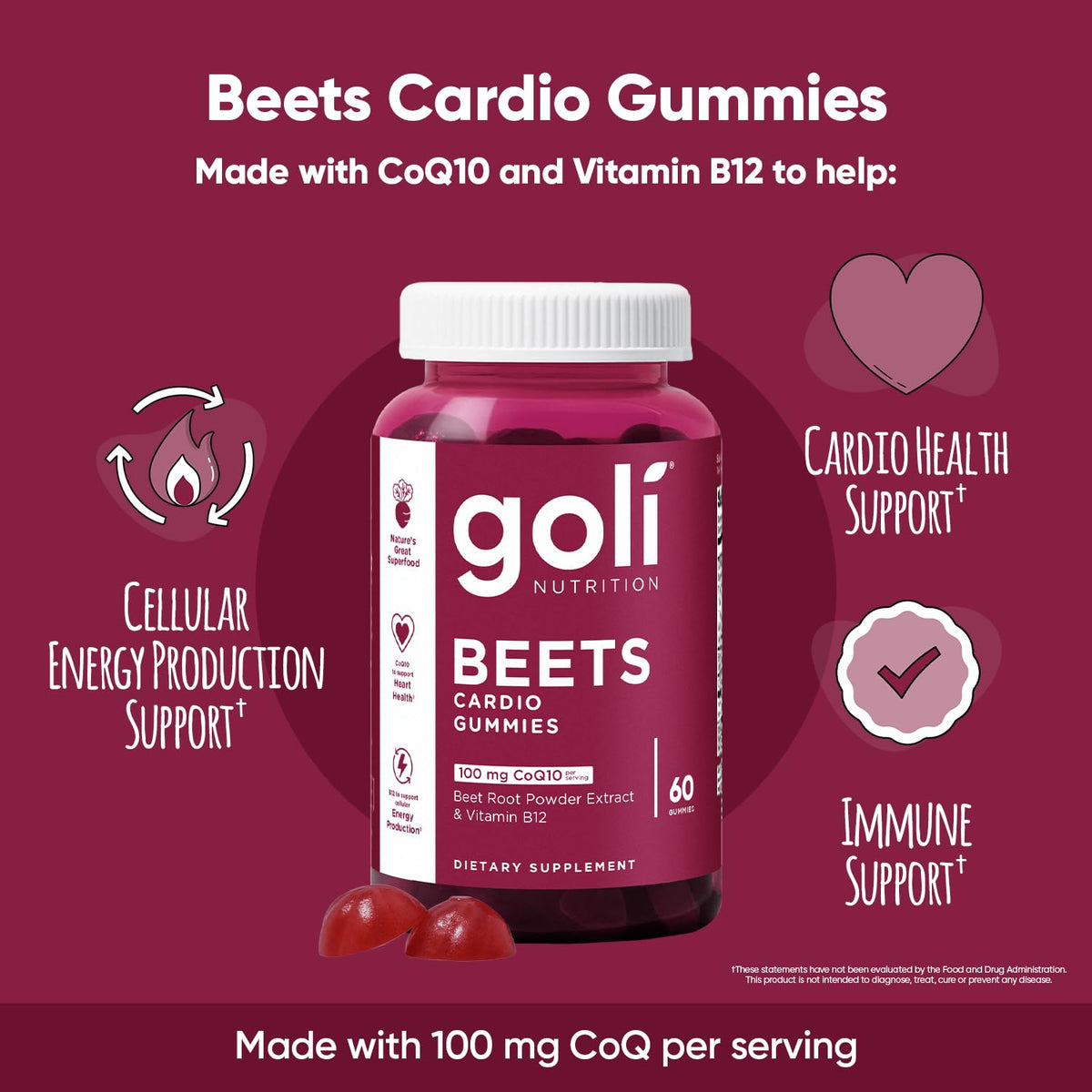 Goli Beets Cardio & B12 Gummies | Heart & Energy Support | CoQ10, Beet Root Extract & Vitamin B12 | Vegan, Plant-Based, Non-GMO, Gluten-Free & Gelatin-Free | 60 Count