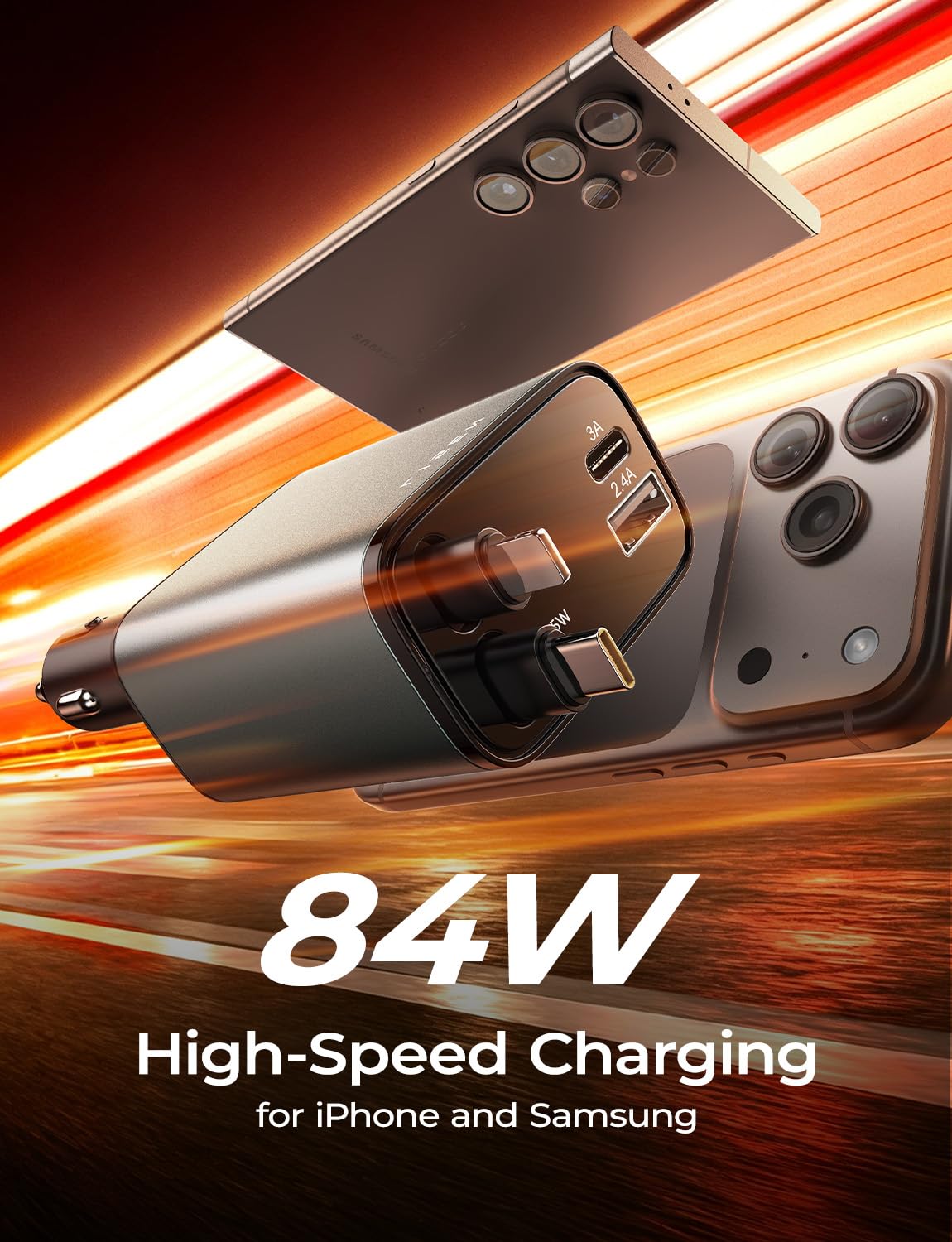 LISEN Retractable Car Charger, for Gifts for Him Her, 84W Cars Adapter USB C Fast Charger for iPhone 17 Pro Max, Car Accessories Gadgets for Men, Anniversary Birthday Gifts for Men Women - Available at All In One Marketplace Canada