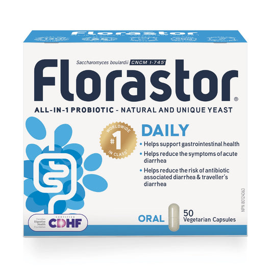 Florastor - Saccharomyces Boulardii CNCM I-745 - Daily All in One Probiotic - Gut Health & Digestive Support - Supports Immune System - The 1 Probiotic in class Worldwide - For Adults & Family (50 count (Pack of 1)) - Available at All In One Marketplace Canada