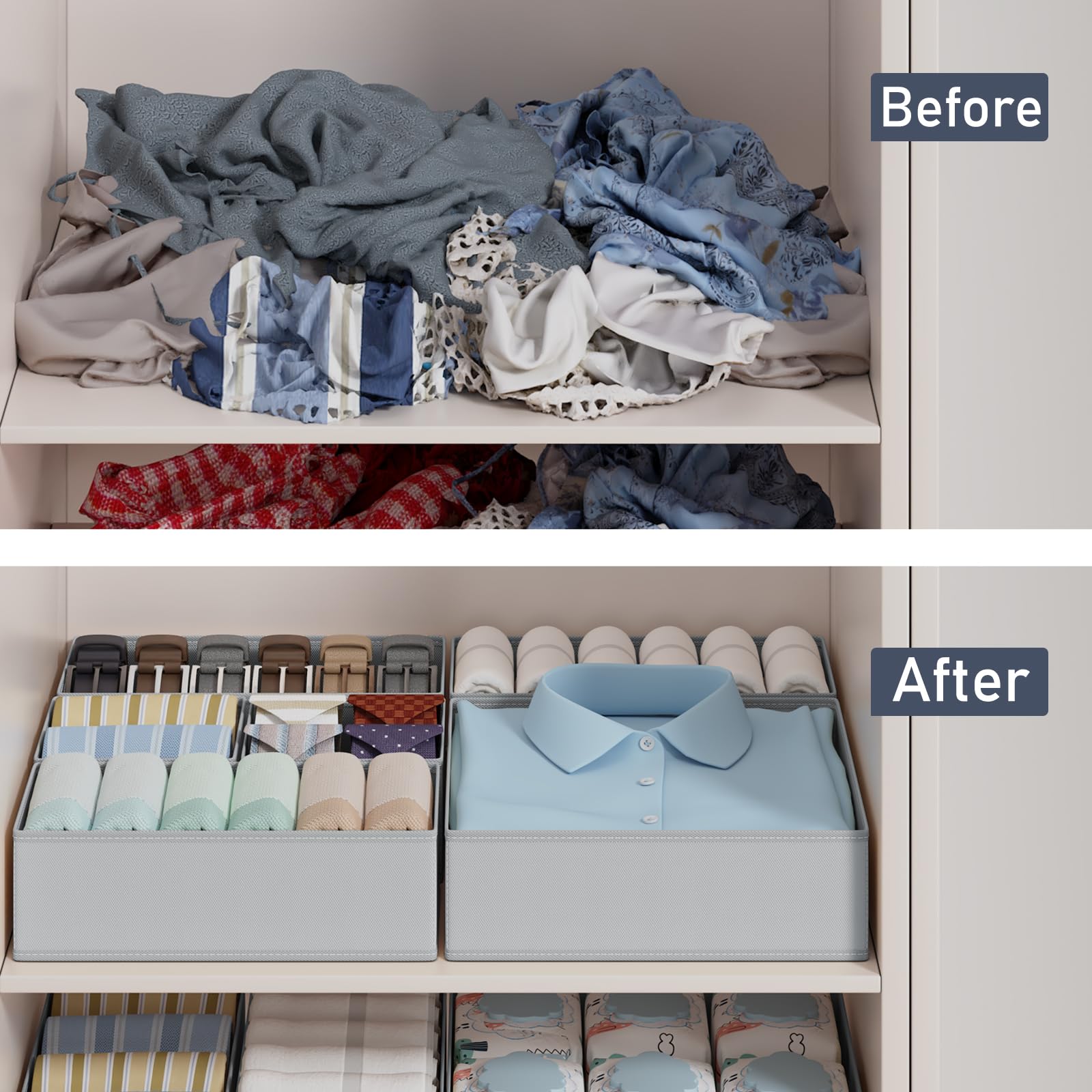 DIMJ Drawer Organizers Clothes Dresser Organizers - 12 Pack Fabric Closet Dividers Storage Organization, Foldable Nursery Bedroom Bins for Baby Clothing, Underwear, Socks, Bra, Ties (Grey)