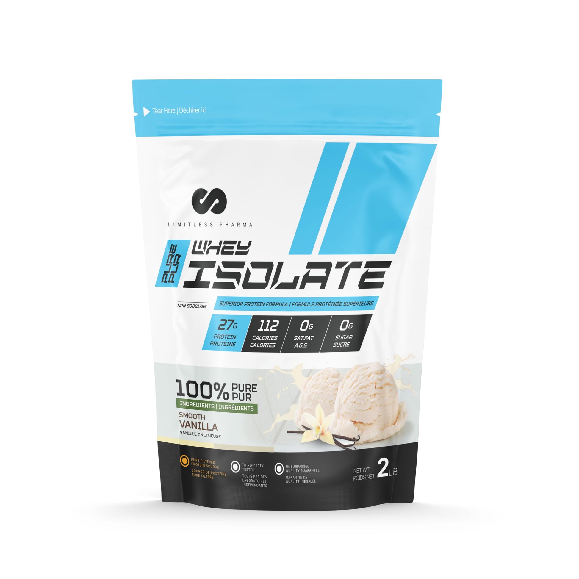 Limitless Pharma Pure Whey Isolate | High Protein Whey Isolate Powder | 27g Protein, 6g BCAAs, Sugar Free, Gluten Free, Low Carb, Low Lactose | 30 Servings, 2LB (Vanilla) - Available at All In One Marketplace Canada
